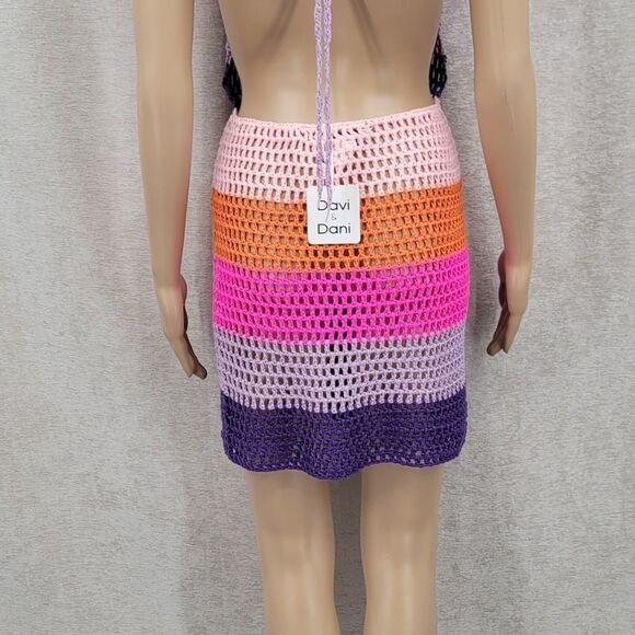 Davi & Dani Colorful Crochet Halter Dress Beach Swimsuit Cover Up Open Back NEW - Picture 7 of 11